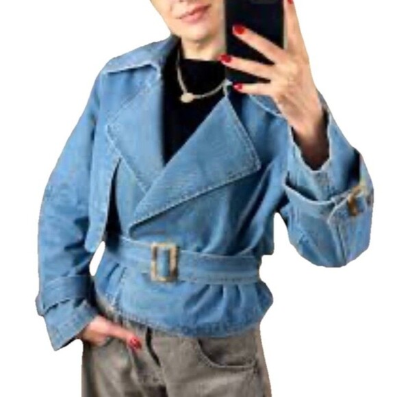 Habitual Jean Jacket XL Belted Button Up Tortoise Shell Detail Pockets Denim NWT - Picture 3 of 16